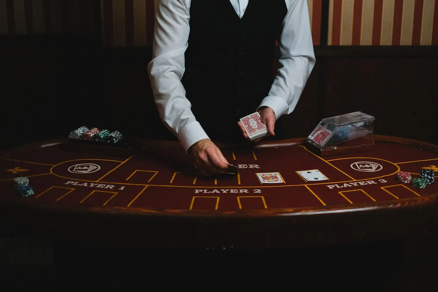 Dealer at a gaming table under warm cinematic lighting