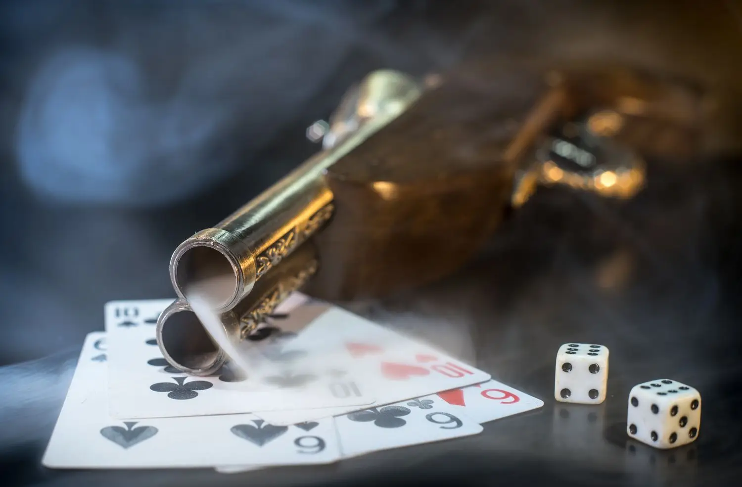 Cards and dice arranged in a vintage setting